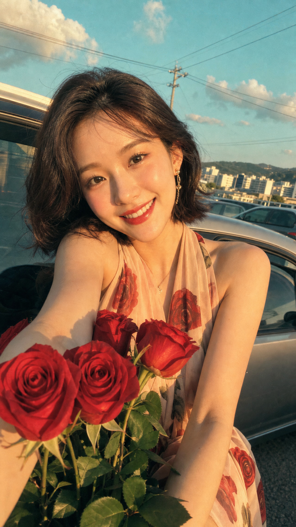 Generate a vertical-screen mobile phone close-up portrait photo: a young adult woman in an outdoor parking lot...