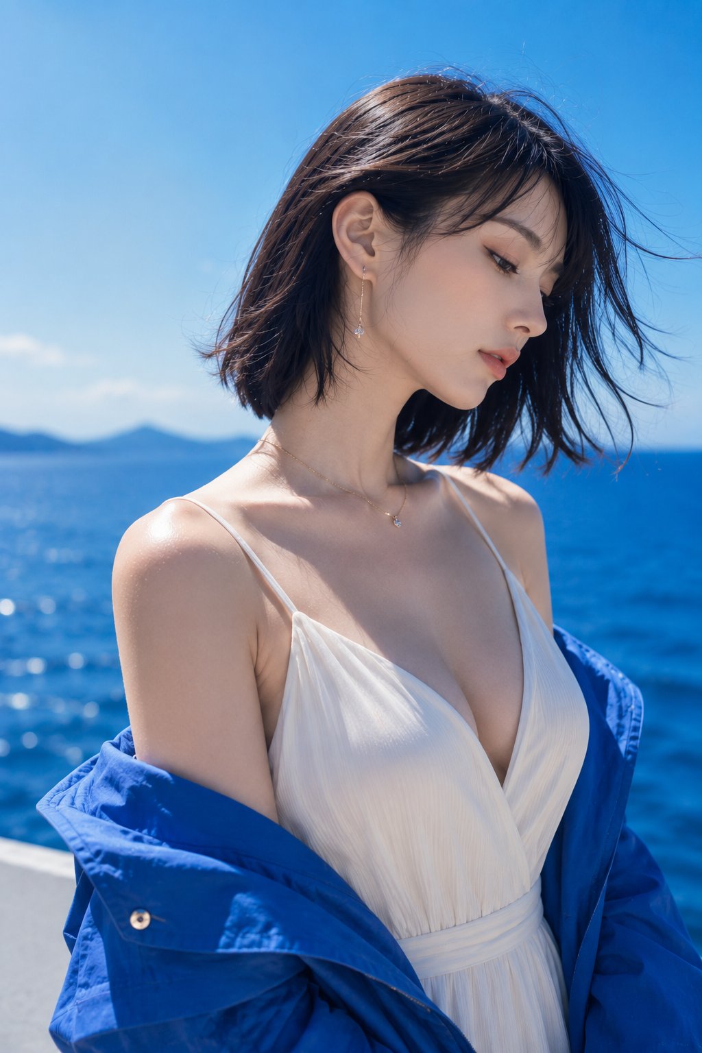 Leaving the blue of the sea on her shoulders, only her gaze quietly goes far away.