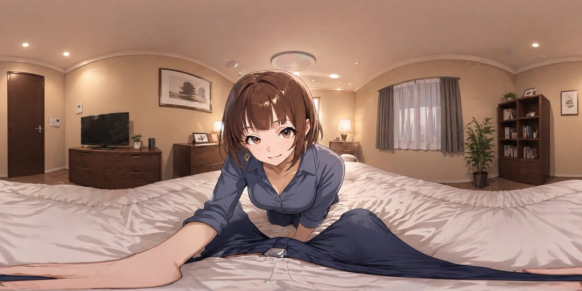 Female isometric anime bedroom warm