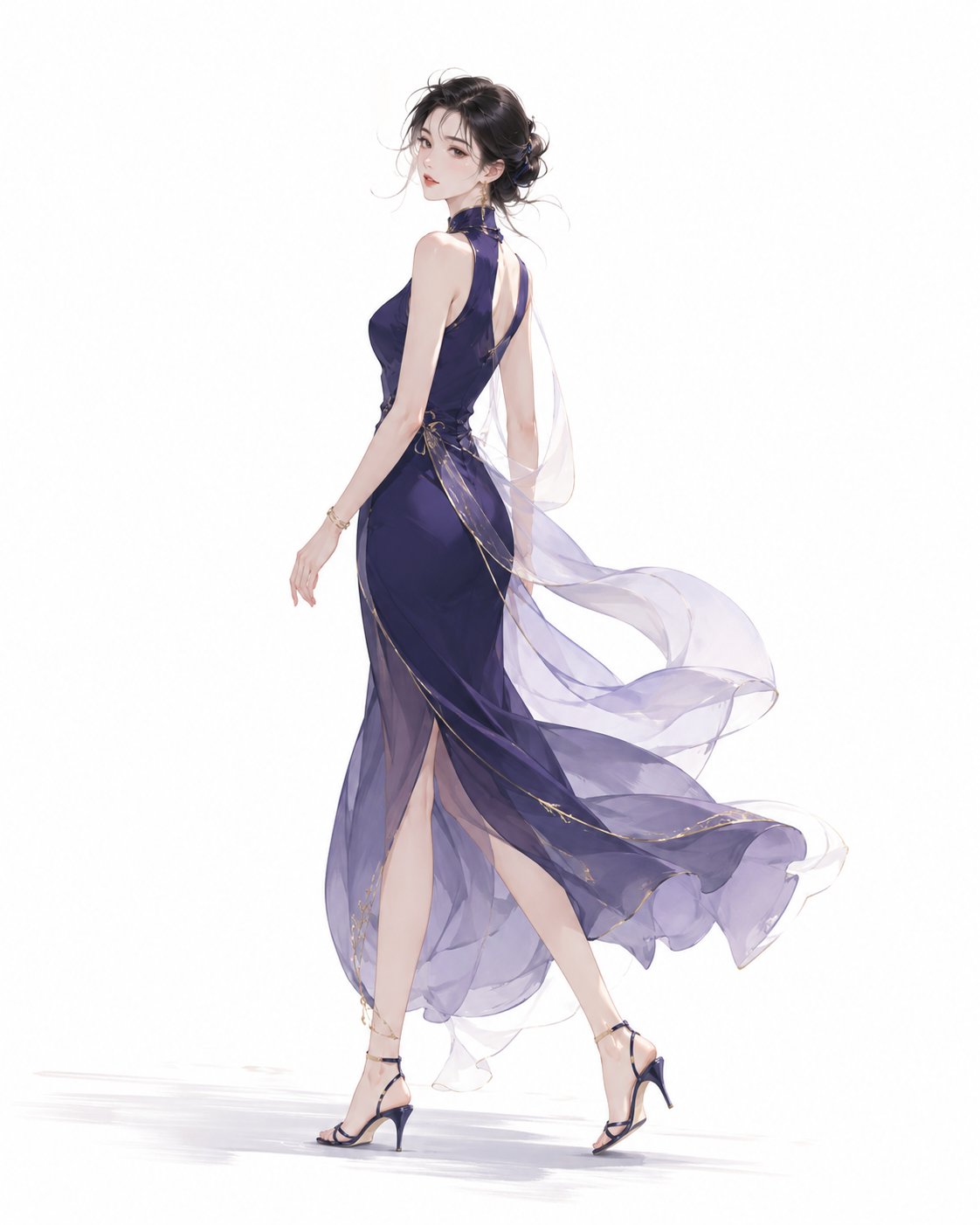 Minimalist Walking Illustration of an Elegant Eastern Woman
