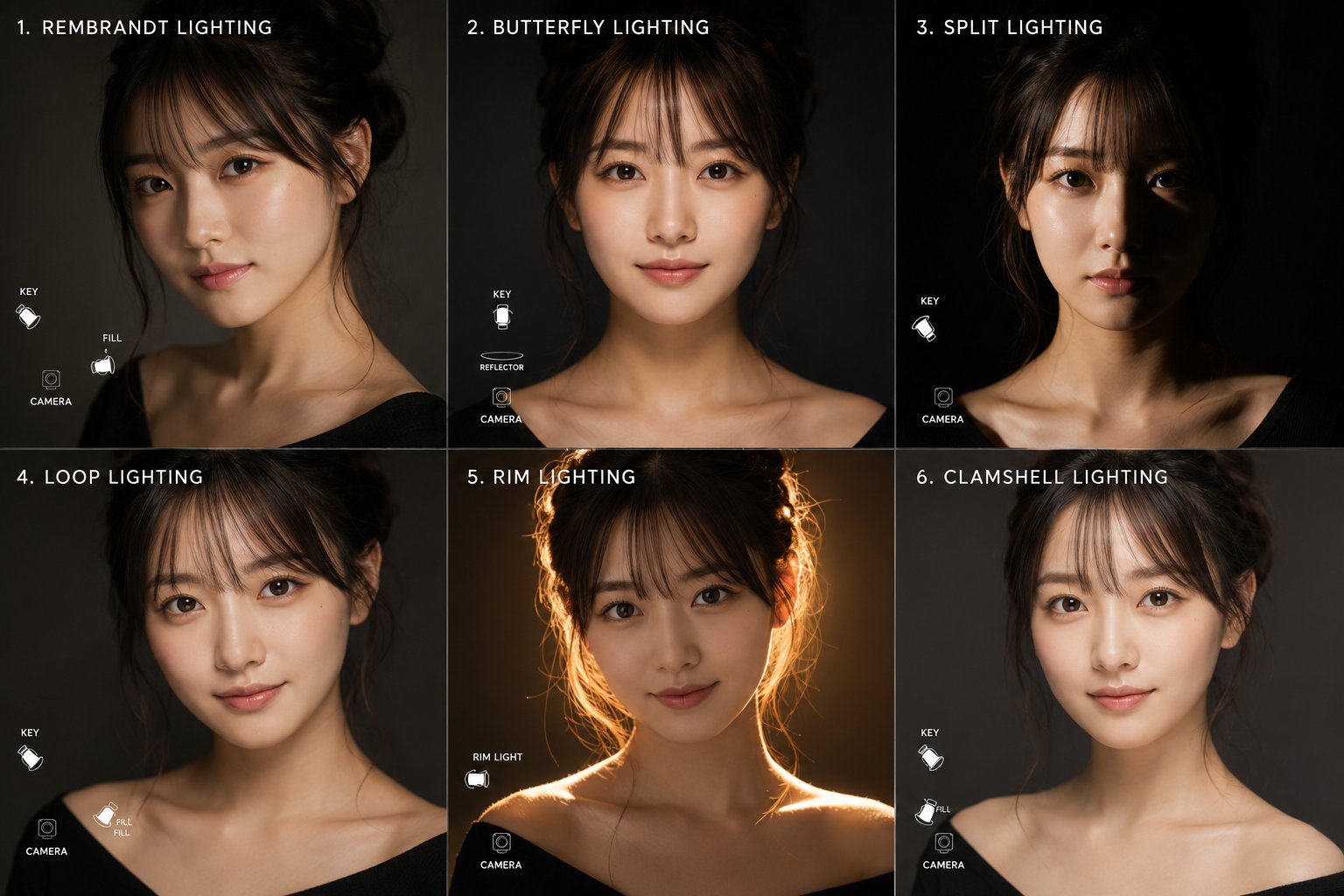 Hyper-realistic 2x3 Female Portrait Comparison of Six Professional Photography Lighting Setups