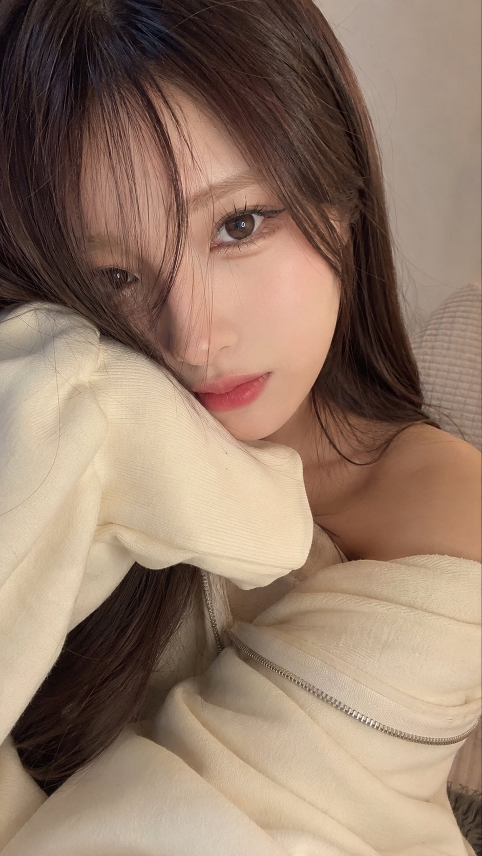 Photorealistic Cream Hoodie Girl Selfie