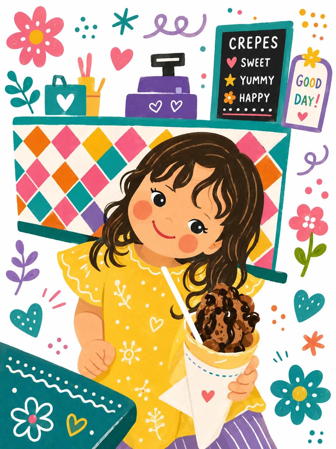 Fantasy Picture-Book Style Little Girl Holding a Chocolate Crepe
