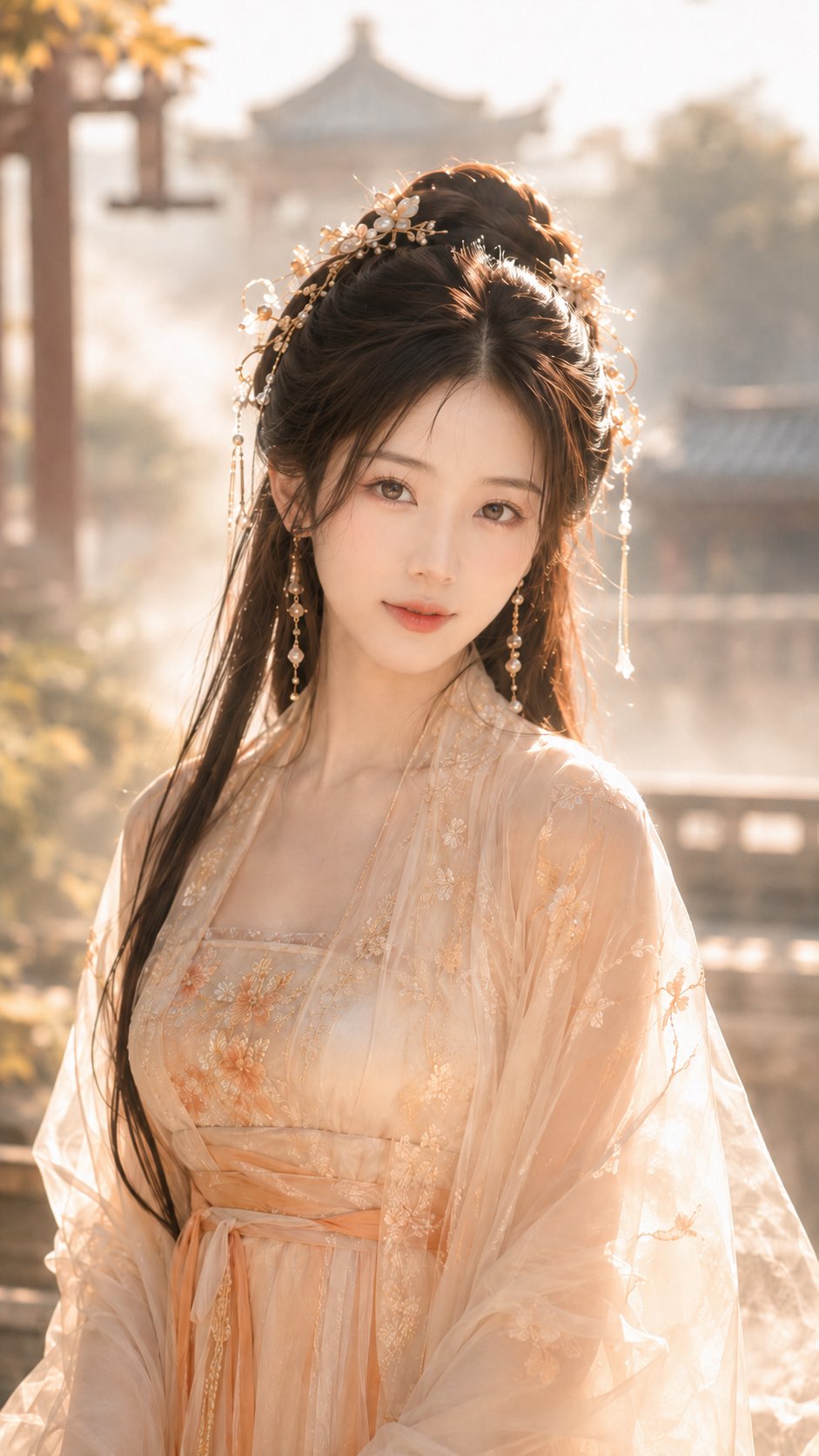 Tang-style fantasy morning mist courtyard ancient-style xianxia beauty portrait