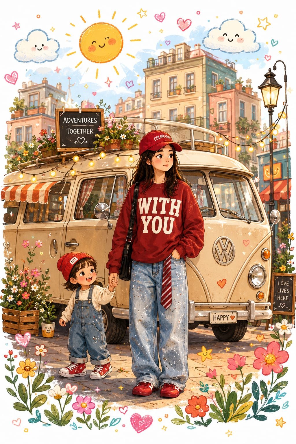 Cozy fantasy children's picture book style mother and child camping illustration