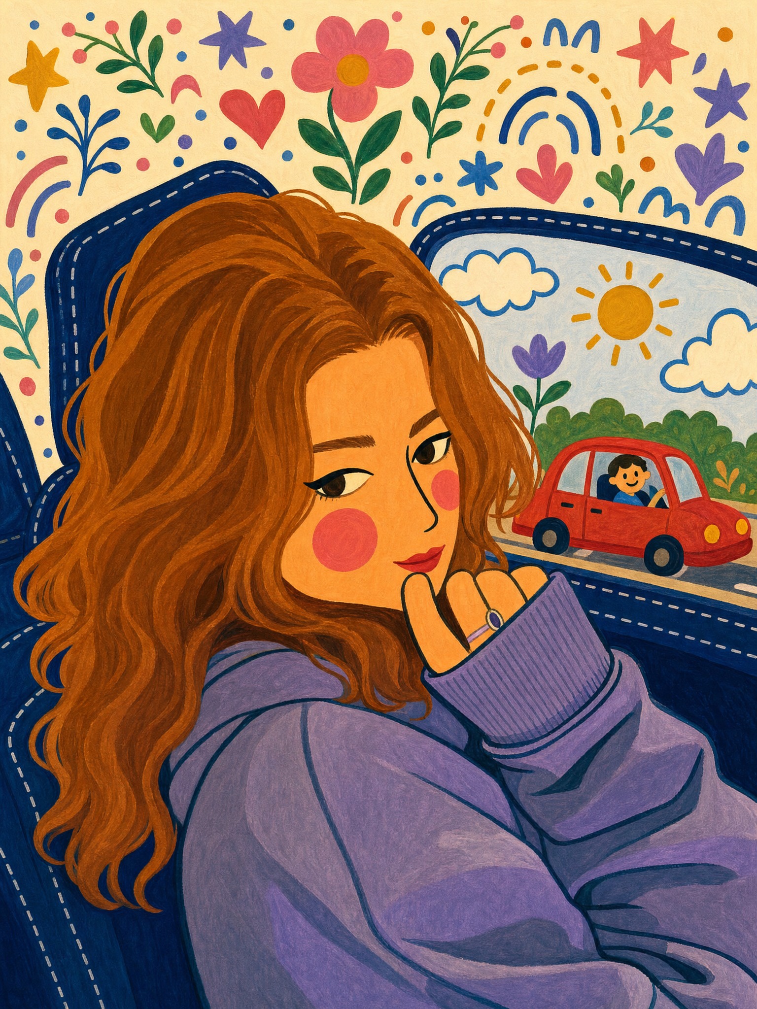 Folk-style gouache and marker stylized illustration