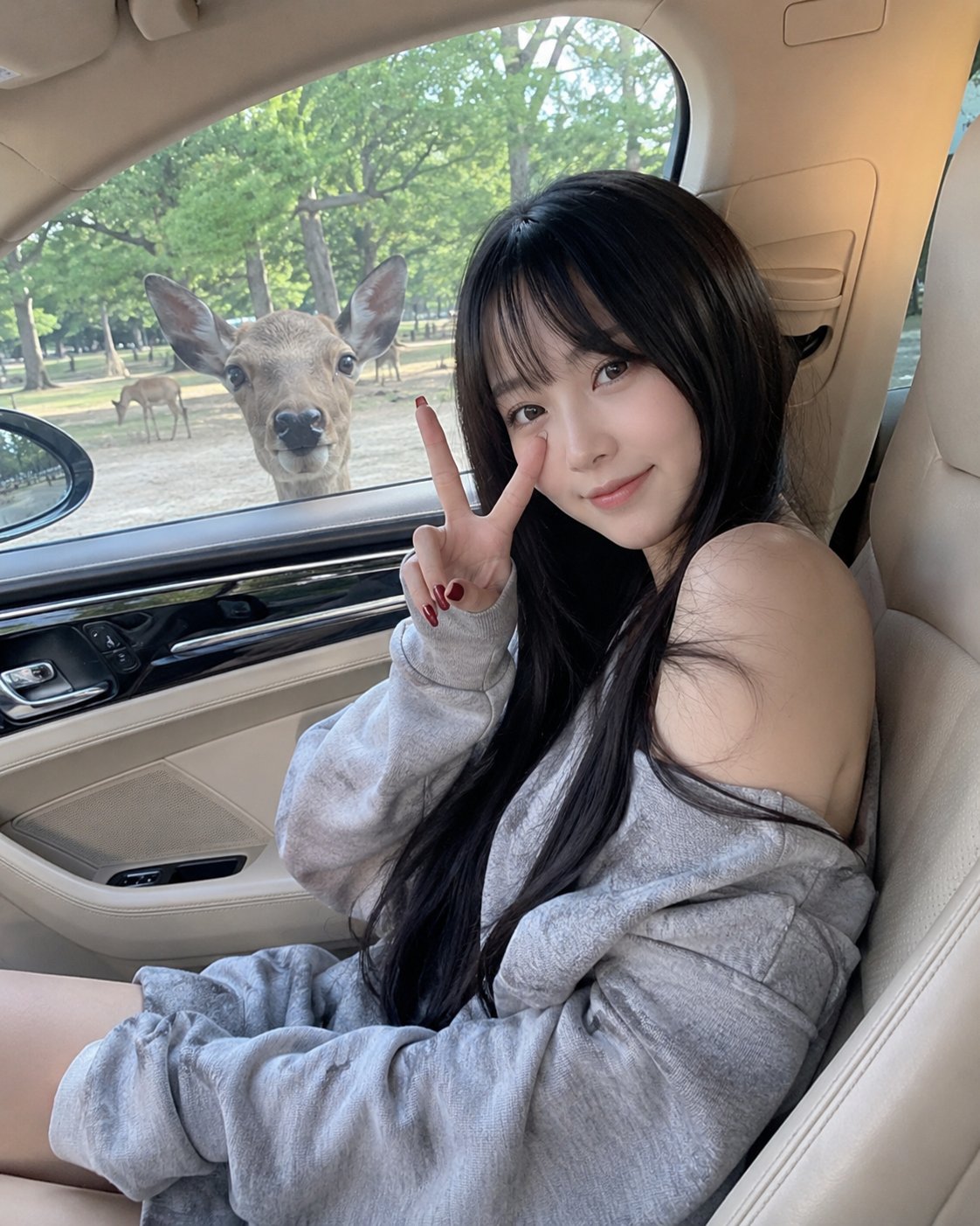 Luxury car passenger seat girl and curious deer outside the window