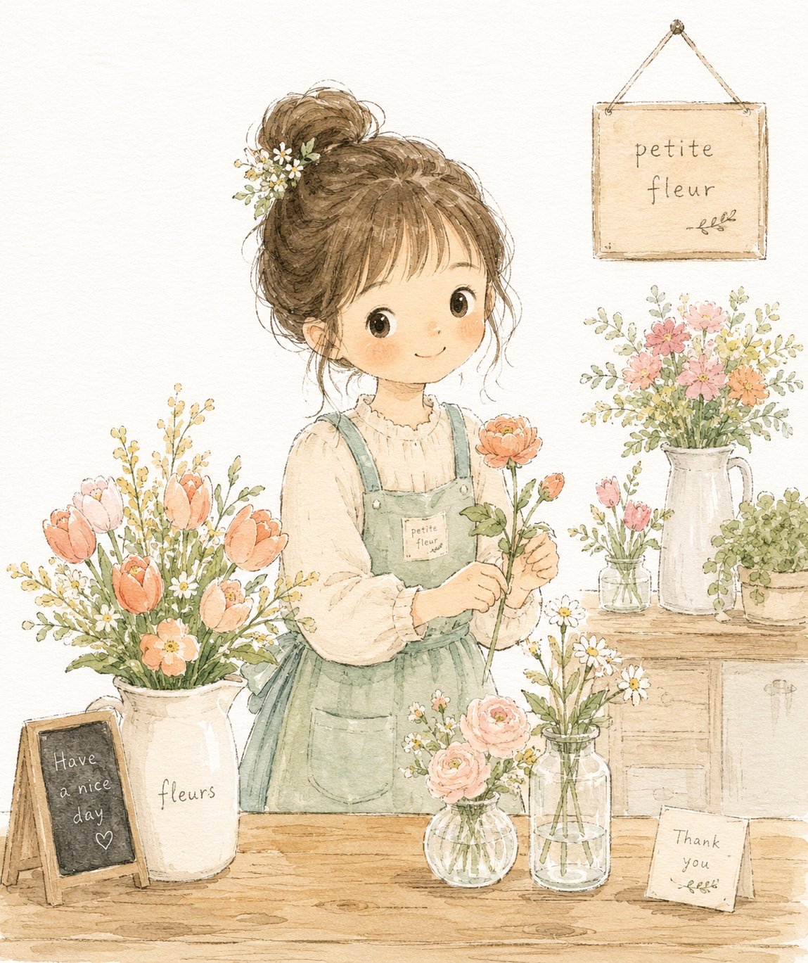 Cute girl in a flower shop picture book illustration