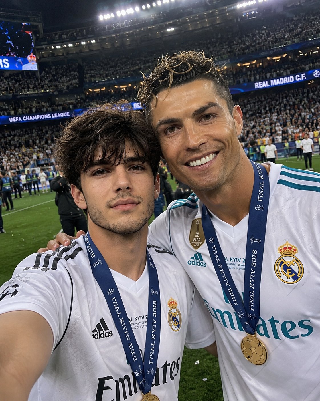 Football fan and professional player post-match on-field selfie
