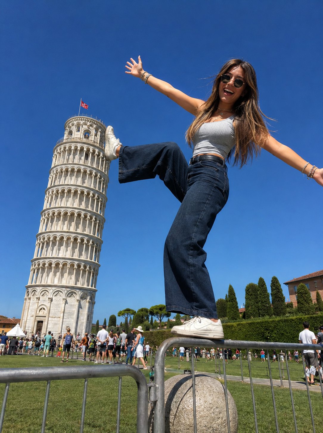 Creative forced-perspective travel photo at the Leaning Tower of Pisa, Italy
