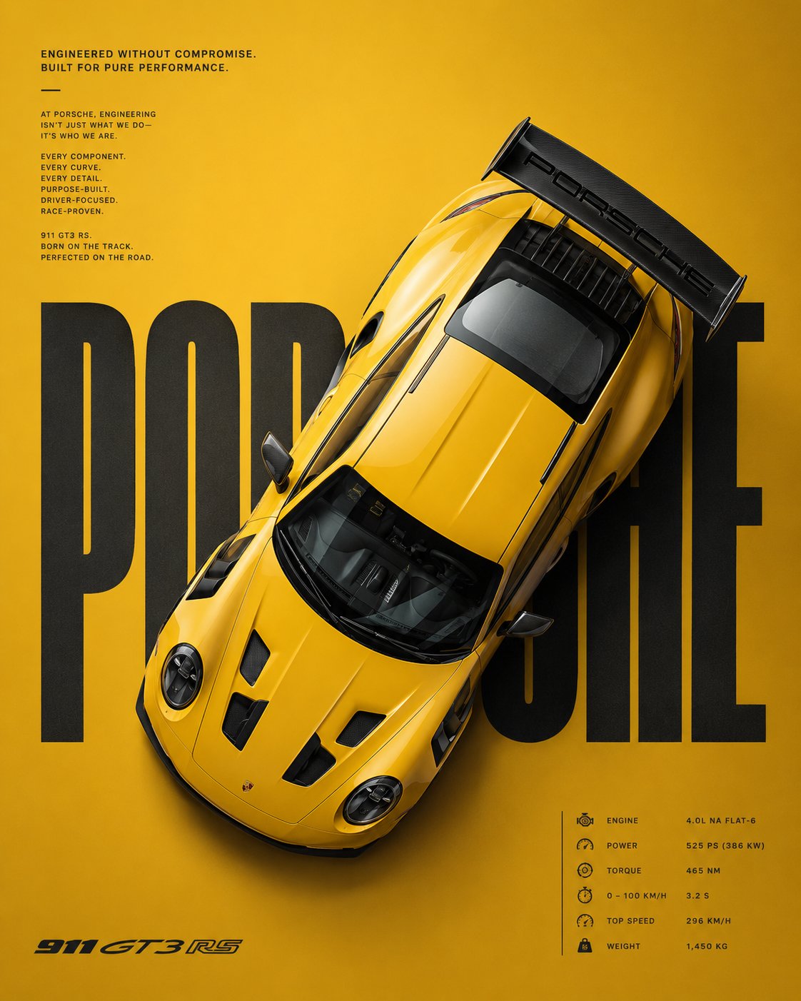 Bright yellow high-performance sports car overhead view minimalist poster.