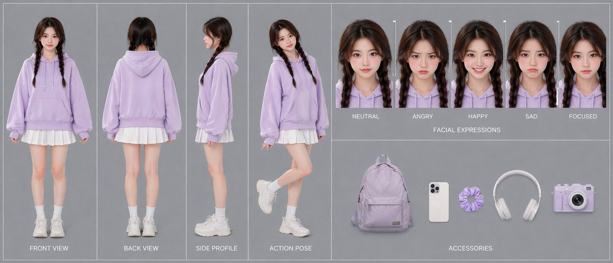Soft-toned teen character design sheet
