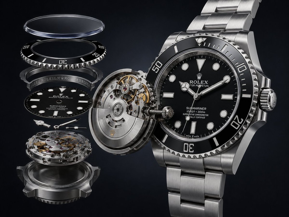 Luxury dive watch exploded view render