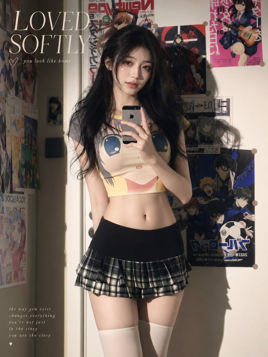 Anime-style bedroom selfie under soft sunlight