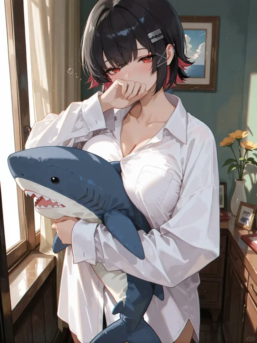 Shy Anime Girl Hugging Shark Plushie