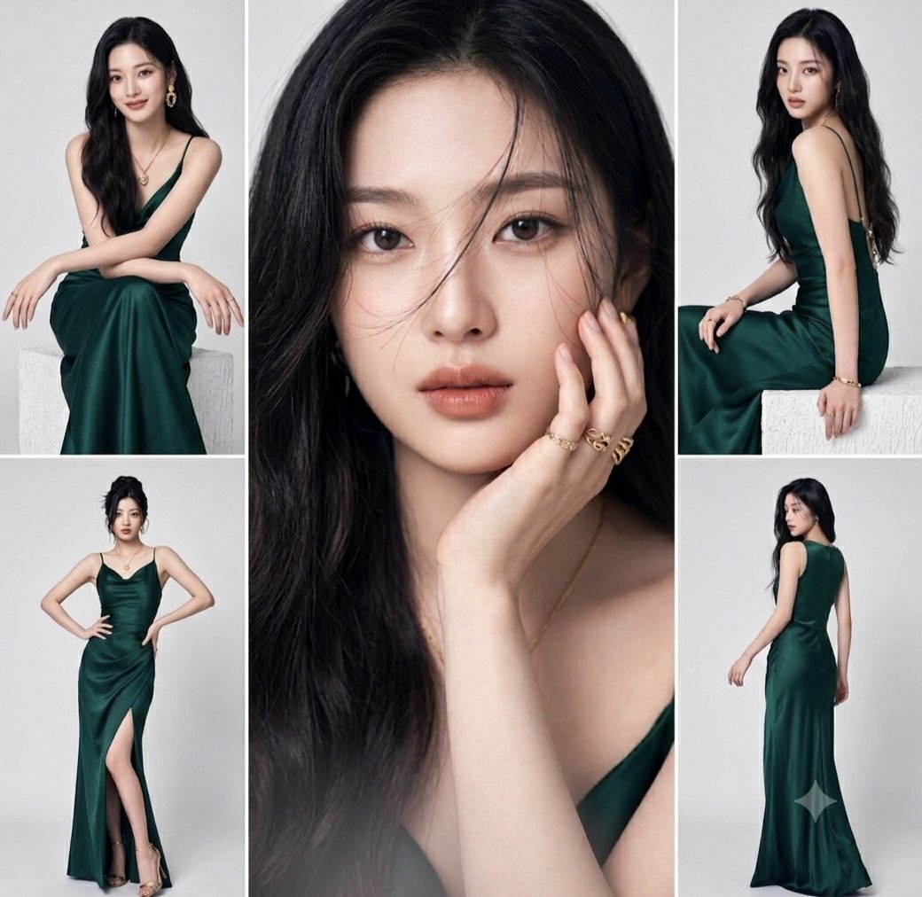 Emerald Satin Long Dress East Asian Woman Fashion Photography Collage