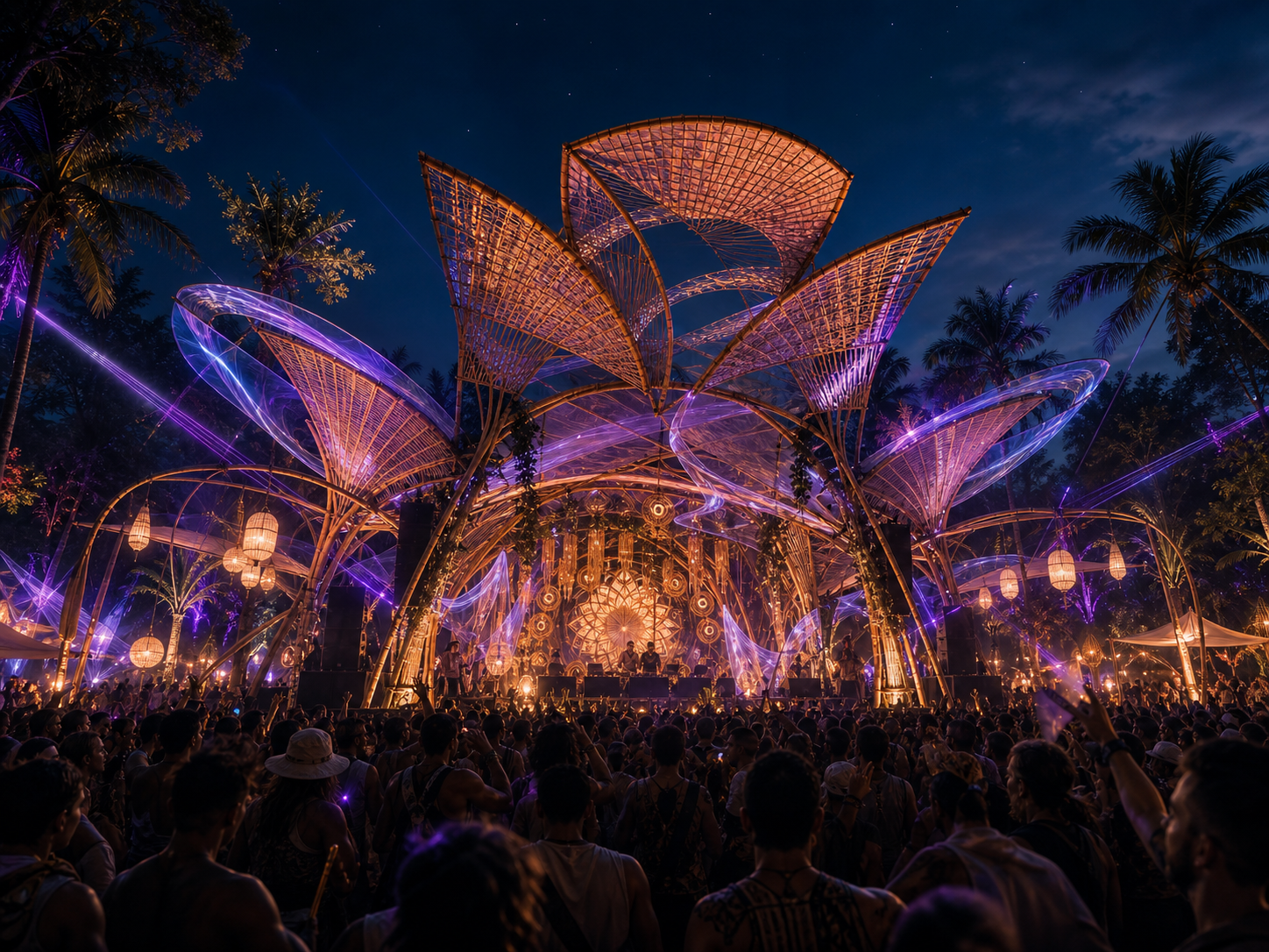 Bamboo structure music festival stage Prompt example