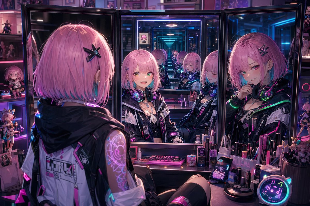 Female anime cyber cyberpunk neon melancholy