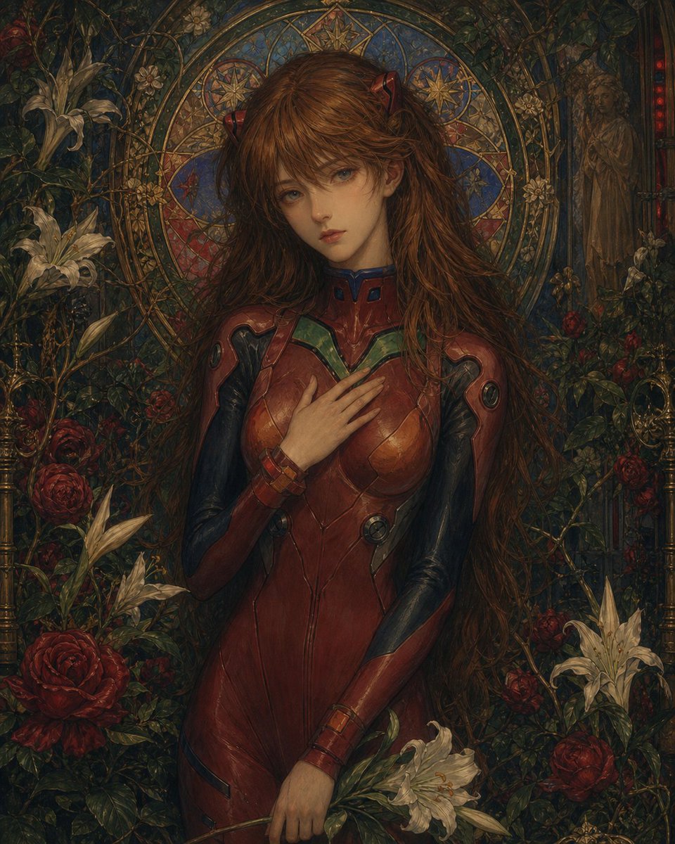 Portrait anime oil painting dark garden elegant