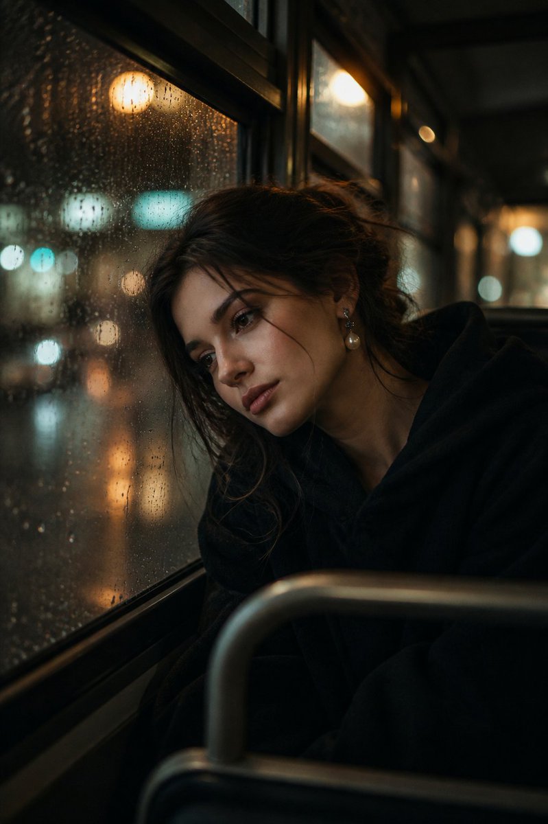 Cinematic realistic night rain melancholic portrait