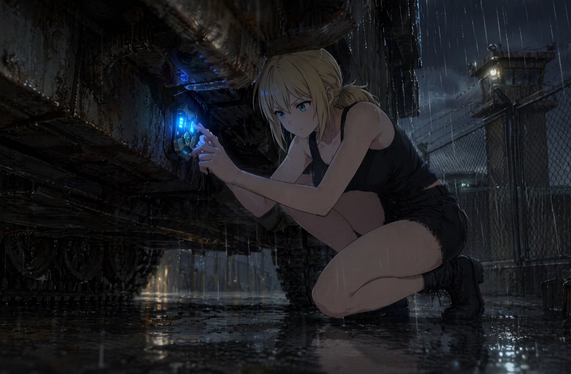 Woman anime illustration rain dark melancholic.