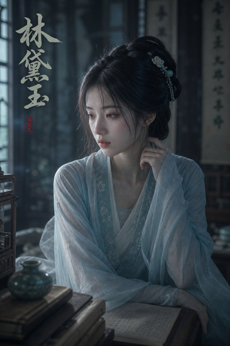 Portrait, film photography, realistic, indoor, cool tone, melancholic