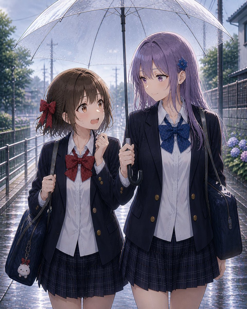 Girl, anime illustration, rain, street, cute