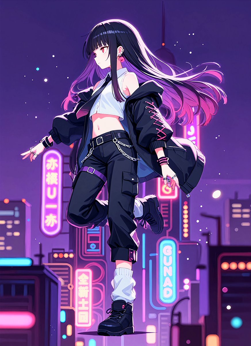 Girl anime illustration neon city