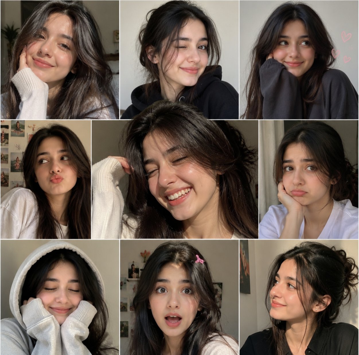 Brown-haired girl multiple expression candid collage